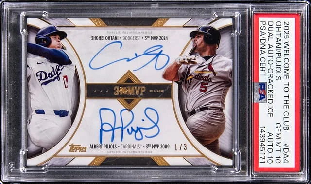 2025 Topps Shohei Ohtani/Albert Pujols Welcome To The Club 3X MVP Dual Autographs Cracked Ice #DA4 card image