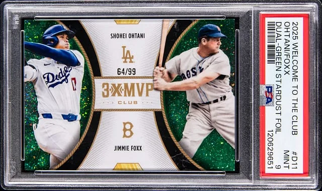 2025 Topps Shohei Ohtani/Jimmie Foxx Welcome to the Club Green Stardust Foil #D11 card image
