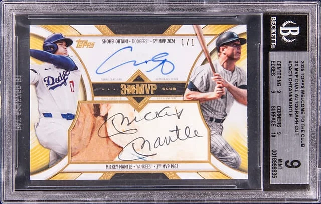 2025 Topps Shohei Ohtani/Mickey Mantle Welcome To The Club 3x MVP Dual Autograph Cut #DA-C1 card image