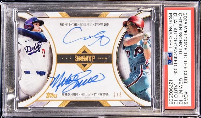 2025 Topps Shohei Ohtani/Mike Schmidt Welcome To The Club 3x MVPs Dual Autographs Cracked Ice #DA5 card image