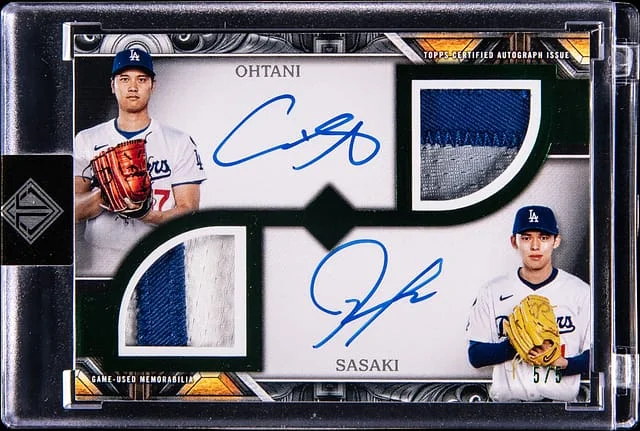 2025 Topps Shohei Ohtani/Roki Sasaki Transcendent Collection Dual Patch Autograph Variation Emerald #DPA-OS card image