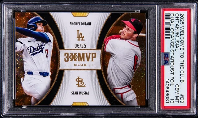 2025 Topps Shohei Ohtani/Stan Musial Welcome to The Club Dual Orange Stardust Foil #D9 card image