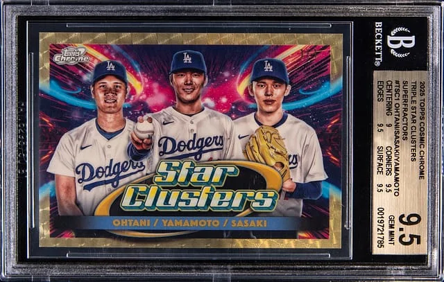 2025 Topps Shohei Ohtani/Yoshinobu Yamamoto/Roki Sasaki Cosmic Chrome Triple Star Clusters SuperFractor #TSC-1 card image