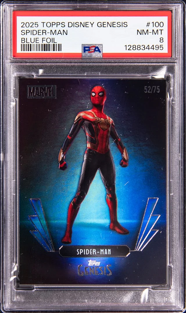 2025 Topps Spider-Man Disney Genesis Blue Foil #100 card image