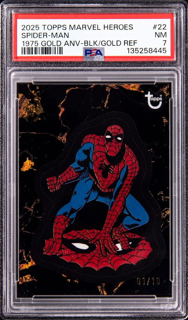 2025 Topps Spider-Man Marvel Heroes 1975 Gold Anniversary Black/Gold Refractor #22 card image