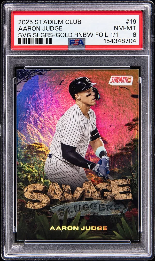 2025 Topps Stadium Club Aaron Judge Savage Sluggers Gold Rainbow Foil #19 card image