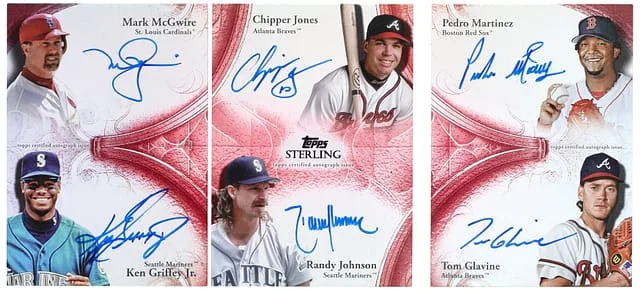 2025 Topps Sterling Pedro Martinez/Tom Glavine/Mark McGwire/Ken Griffey Jr./Chipper Jones/Randy Johnson Multi-Signed Booklet Sets Autographed Book Card #SSABC-MGJJMG card image