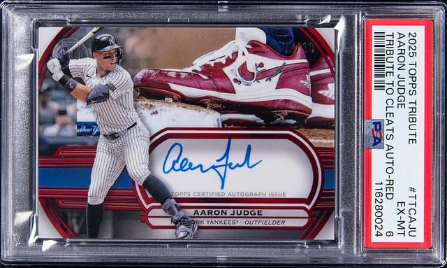 2025 Topps Tribute Aaron Judge Tirbute to Cleats Autograph Red #TTC-AJU card image