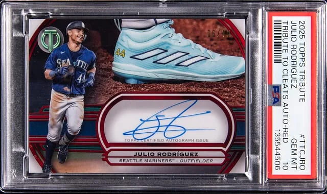 2025 Topps Tribute Julio Rodriguez to Cleats Autograph Red #TTC-JRO card image