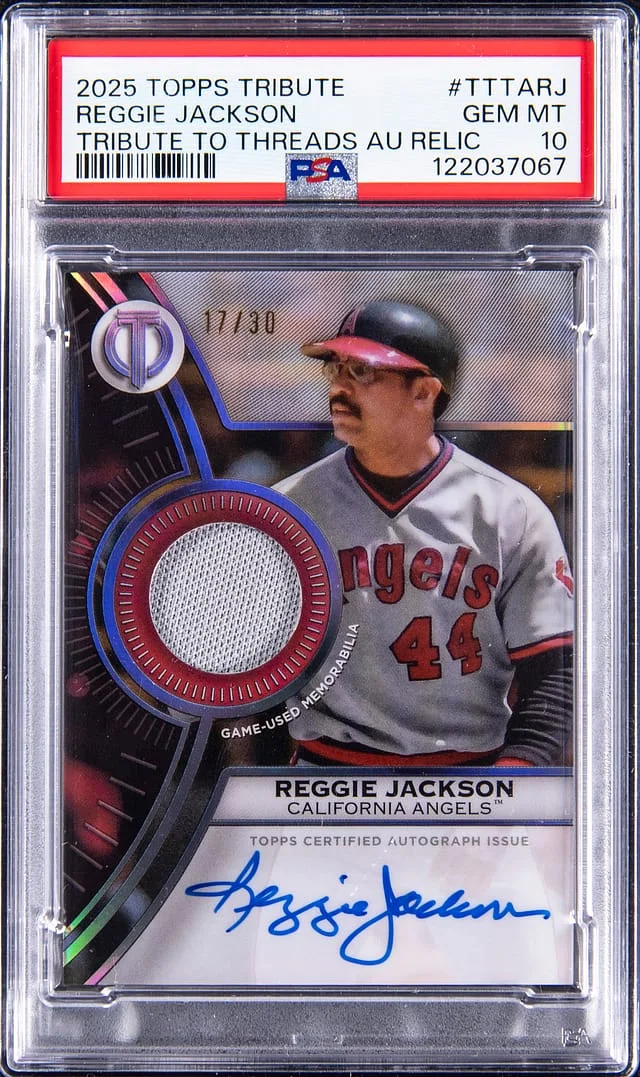2025 Topps Tribute Reggie Jackson Tribute to Threads Autograph Relic #TTTA-RJ card image