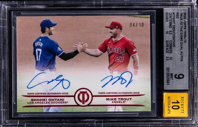 2025 Topps Tribute Shohei Ohtani/Mike Trout True to the Game Dual Autograph Red #TTG-OT card image