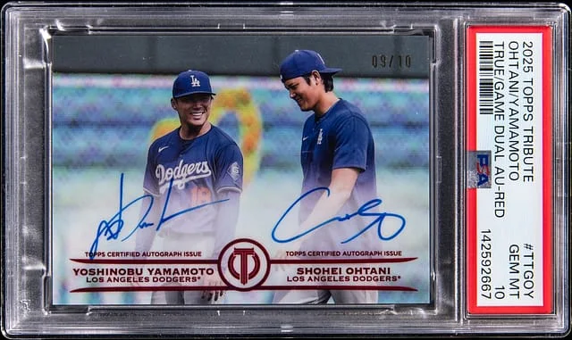 2025 Topps Tribute Shohei Ohtani/Yoshinobu Yamamoto True To The Game Dual Autograph Red #TTG-OY card image