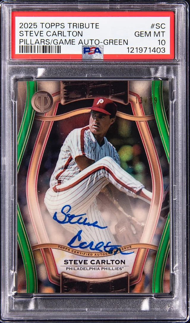 2025 Topps Tribute Steve Carlton Pillars of the Game Autograph Green #PTGA-SC card image