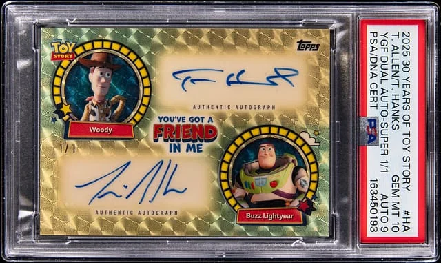 2025 Topps Years of Toy Story You've Got A Friend in Me Dual Autographs SuperFractor YGF-HA Tom Hanks/Tim Allen #30 card image