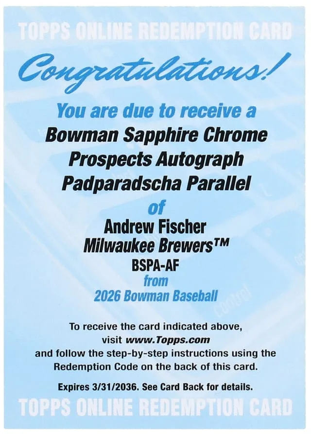 2026 Bowman Chrome Andrew Fischer Edition Prospect Autographs Padparadscha #BSPA-AF card image