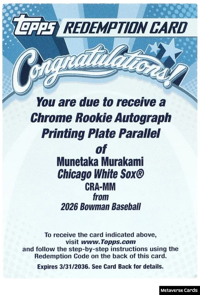 2026 Bowman Chrome Munetaka Murakami Autographs Printing Plate #CRA-MM card image