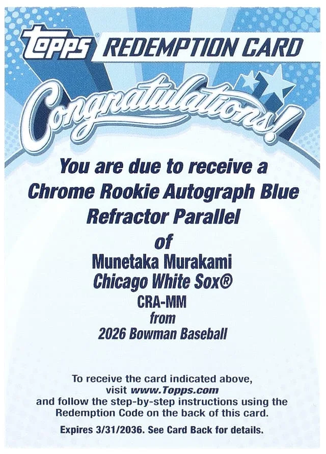 2026 Bowman Chrome Munetaka Murakami Unused Redemption Autograph Refractor Parallel #CRA-MM card image