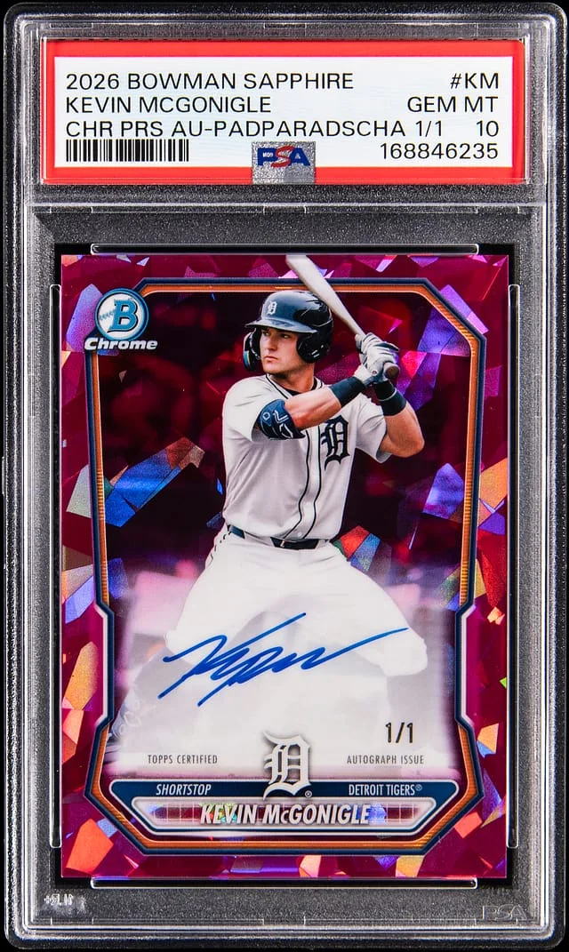 2026 Bowman Kevin McGonigle Sapphire Chrome Prospect Autographs Padparadscha #BSPA-KM card image