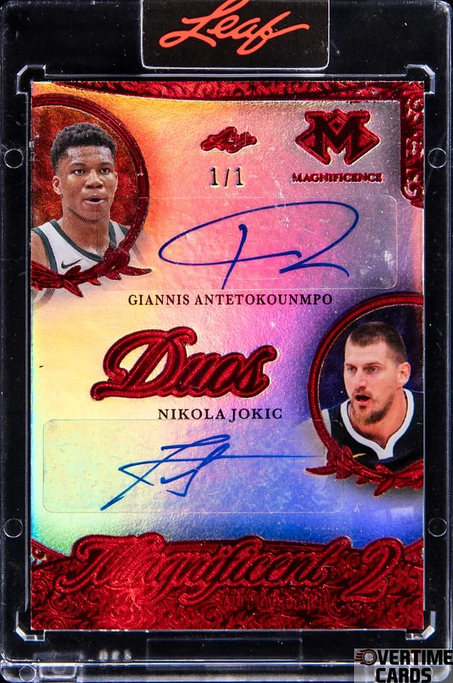 2026 Leaf Giannis Antetokounmpo/Nikola Jokic Magnificence Magnificent 2 Autograph Duos #MD-10 card image