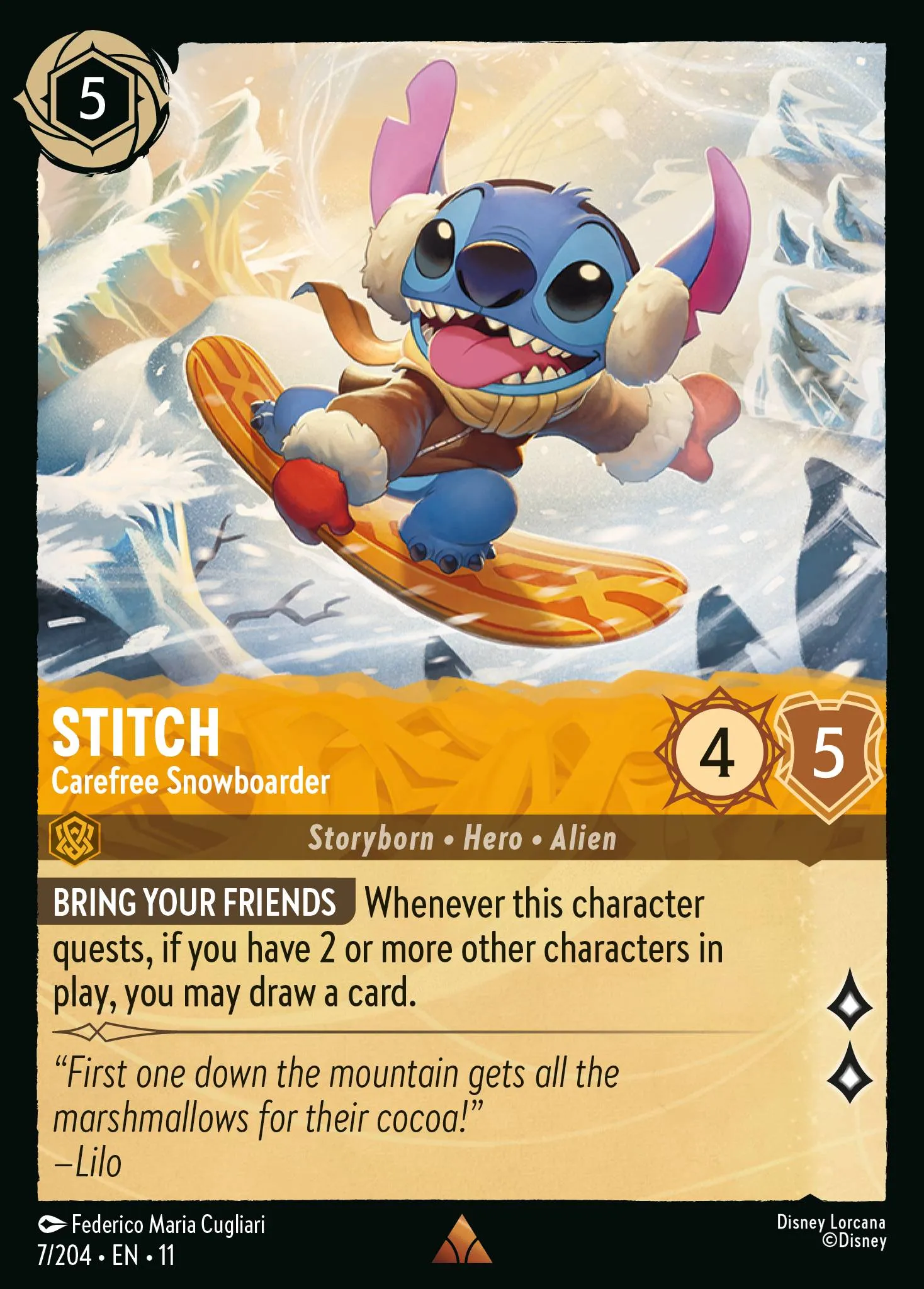 2026 Winterspell Stitch - Carefree Snowboarder [Foil] Rare #7 Rare card image
