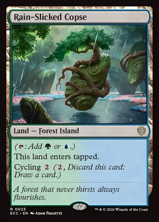 2026 Lorwyn Eclipsed Commander Rain-Slicked Copse #23 rare card image