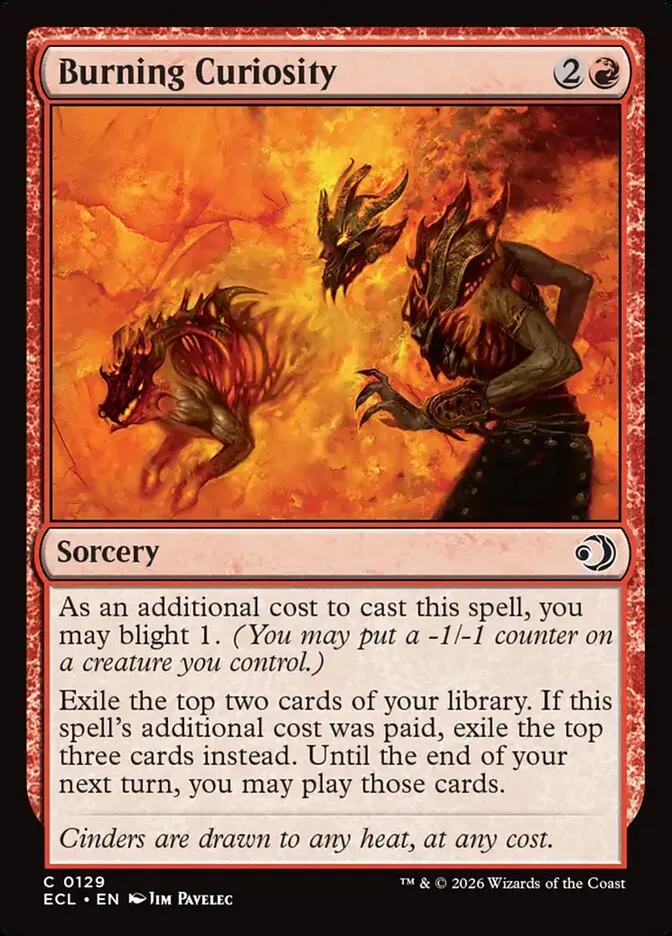 2026 Lorwyn Eclipsed Burning Curiosity common #129 common card image
