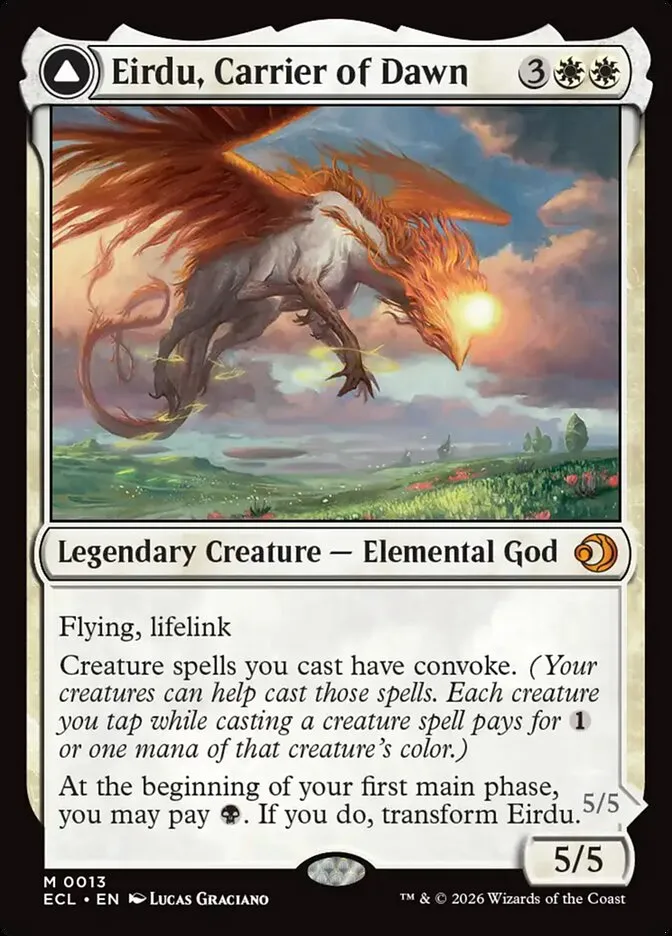 2026 Lorwyn Eclipsed Eirdu, Carrier of Dawn // Isilu, Carrier of Twilight [Foil] mythic #13 mythic card image