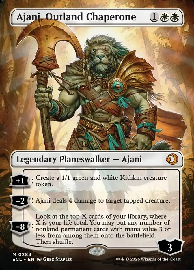 2026 Lorwyn Eclipsed Ajani, Outland Chaperone [Borderless] mythic #284 mythic card image