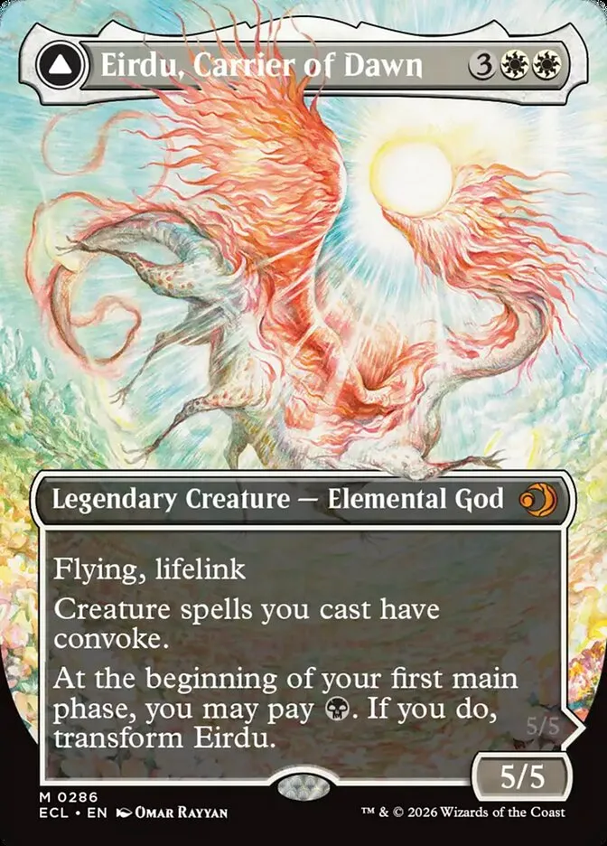 2026 Lorwyn Eclipsed Eirdu, Carrier of Dawn // Isilu, Carrier of Twilight [Borderless] mythic #286 mythic card image