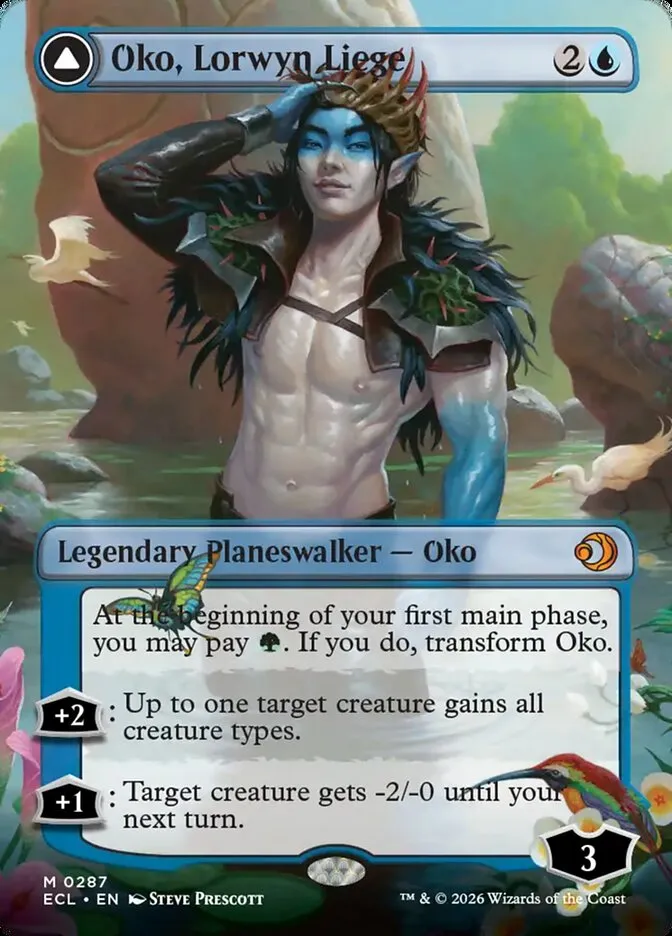 2026 Lorwyn Eclipsed Oko, Lorwyn Liege // Oko, Shadowmoor Scion [Borderless] mythic #287 mythic card image