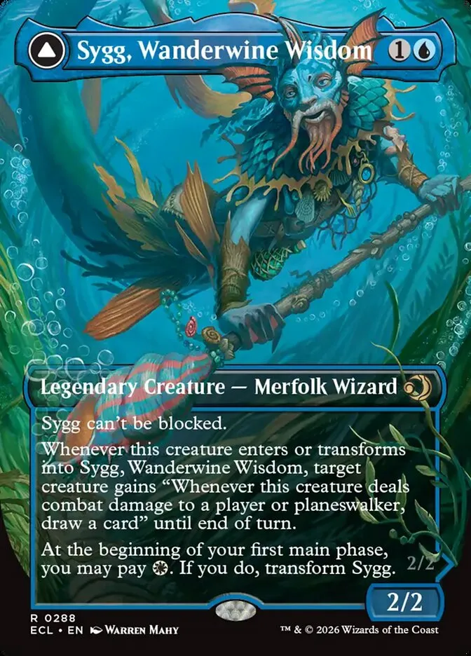 2026 Lorwyn Eclipsed Sygg, Wanderwine Wisdom // Sygg, Wanderbrine Shield [Borderless] rare #288 rare card image