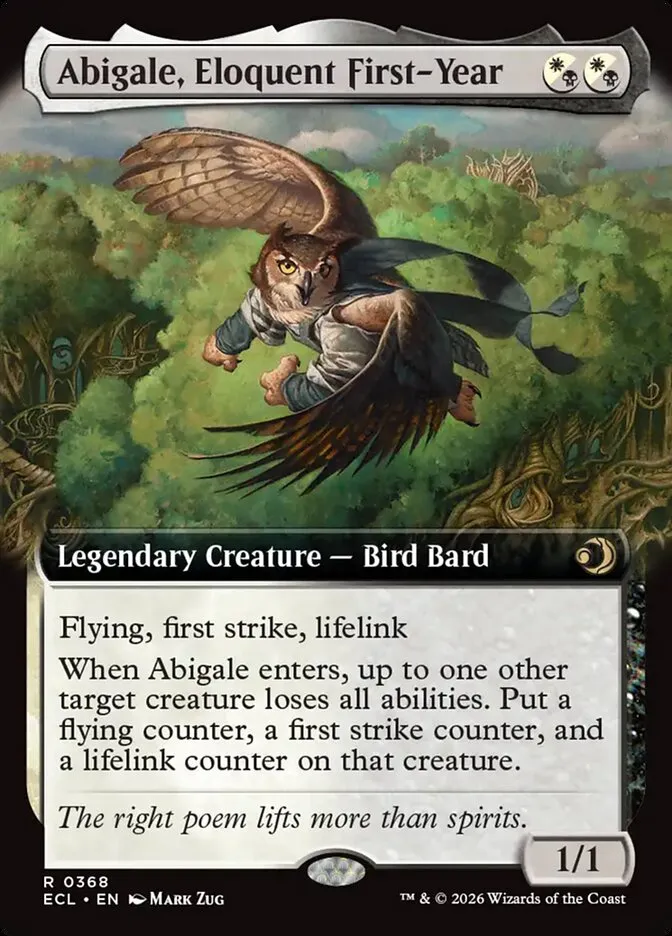 2026 Lorwyn Eclipsed Abigale, Eloquent First-Year [Extended Art Foil] rare #368 rare card image