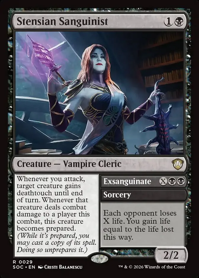 2026 Secrets of Strixhaven Commander Stensian Sanguinist // Exsanguinate rare #29 rare card image