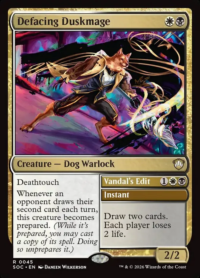 2026 Secrets of Strixhaven Commander Defacing Duskmage // Vandal's Edit rare #45 rare card image
