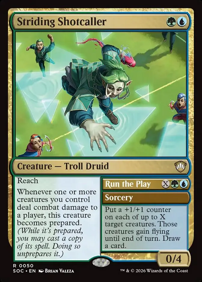 2026 Secrets of Strixhaven Commander Striding Shotcaller // Run the Play rare #50 rare card image