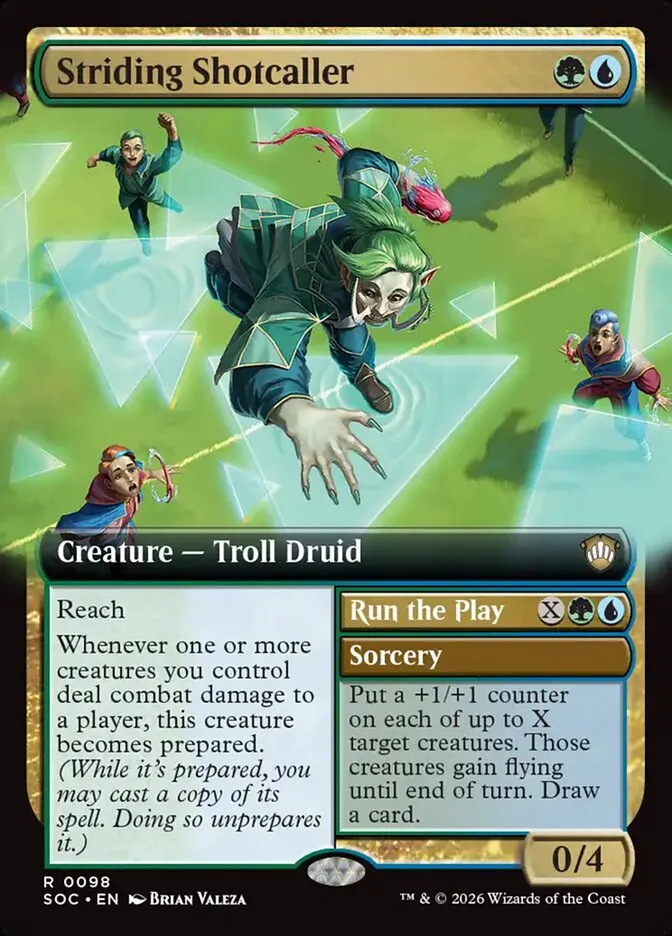 2026 Secrets of Strixhaven Commander Striding Shotcaller // Run the Play rare #98 rare card image