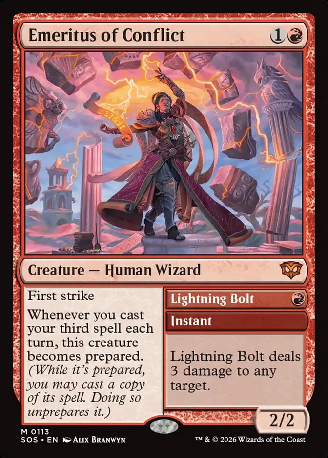 2026 Secrets of Strixhaven Emeritus of Conflict // Lightning Bolt mythic #113 mythic card image