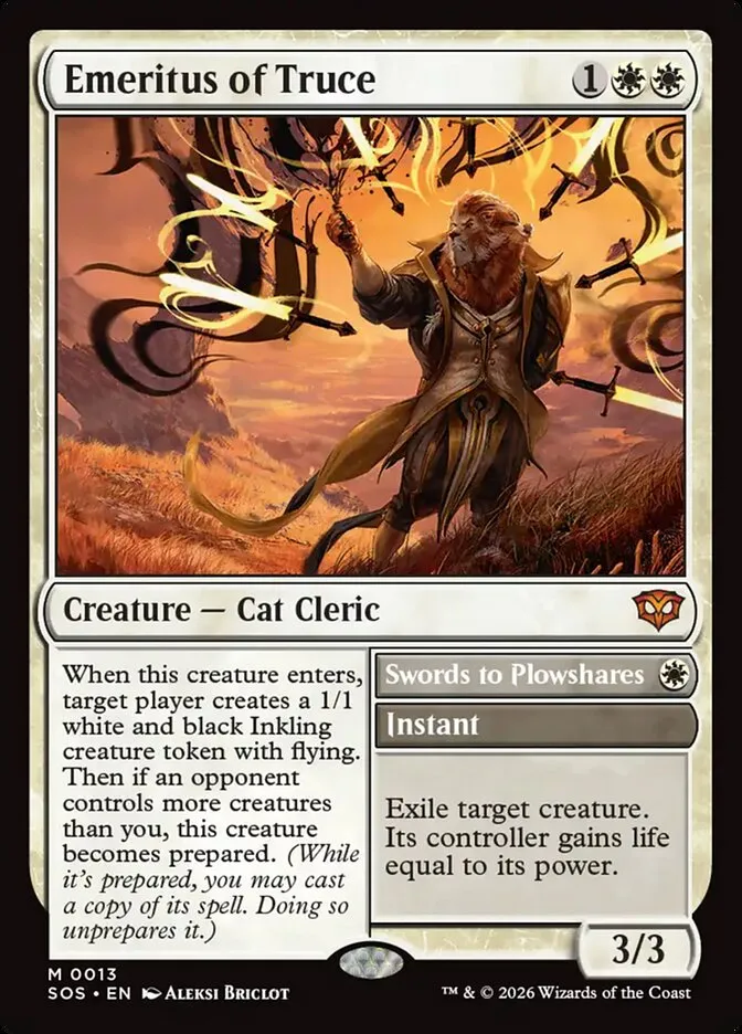 2026 Secrets of Strixhaven Emeritus of Truce // Swords to Plowshares mythic #13 mythic card image