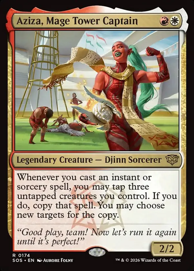 2026 Secrets of Strixhaven Aziza, Mage Tower Captain [Promo Foil] rare #174 rare card image