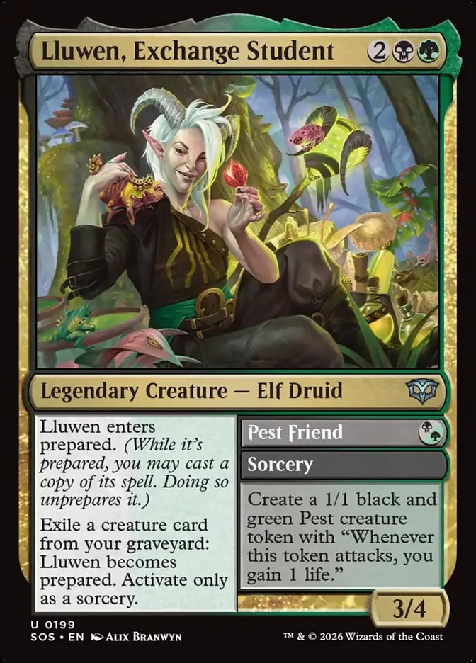 2026 Secrets of Strixhaven Lluwen, Exchange Student // Pest Friend #199 uncommon card image