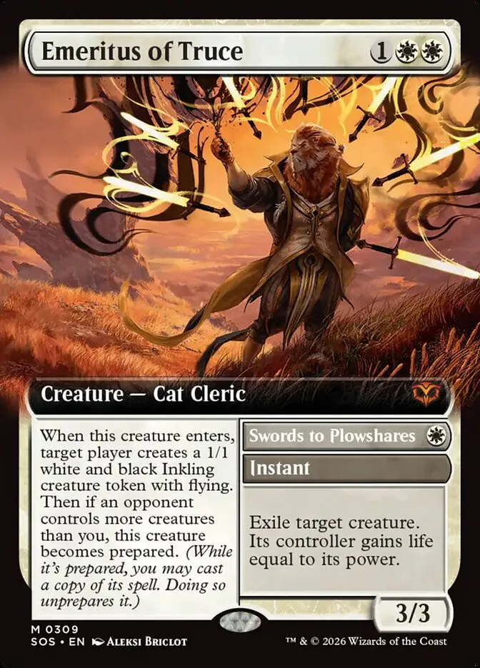 2026 Secrets of Strixhaven Emeritus of Truce // Swords to Plowshares [Extended Art Foil] mythic #309 mythic card image