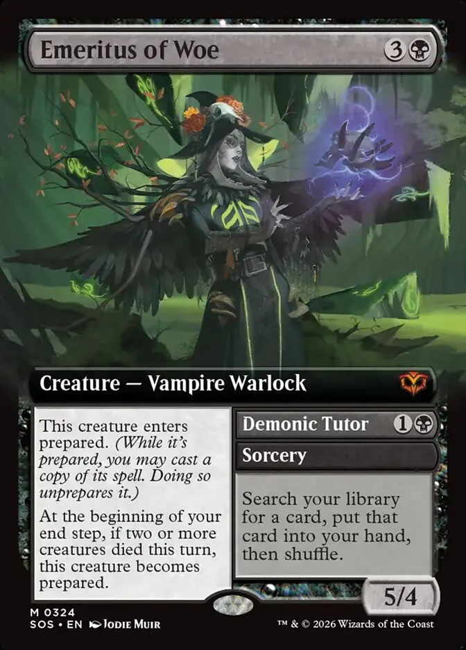 2026 Secrets of Strixhaven Emeritus of Woe // Demonic Tutor [Extended Art Foil] mythic #324 mythic card image