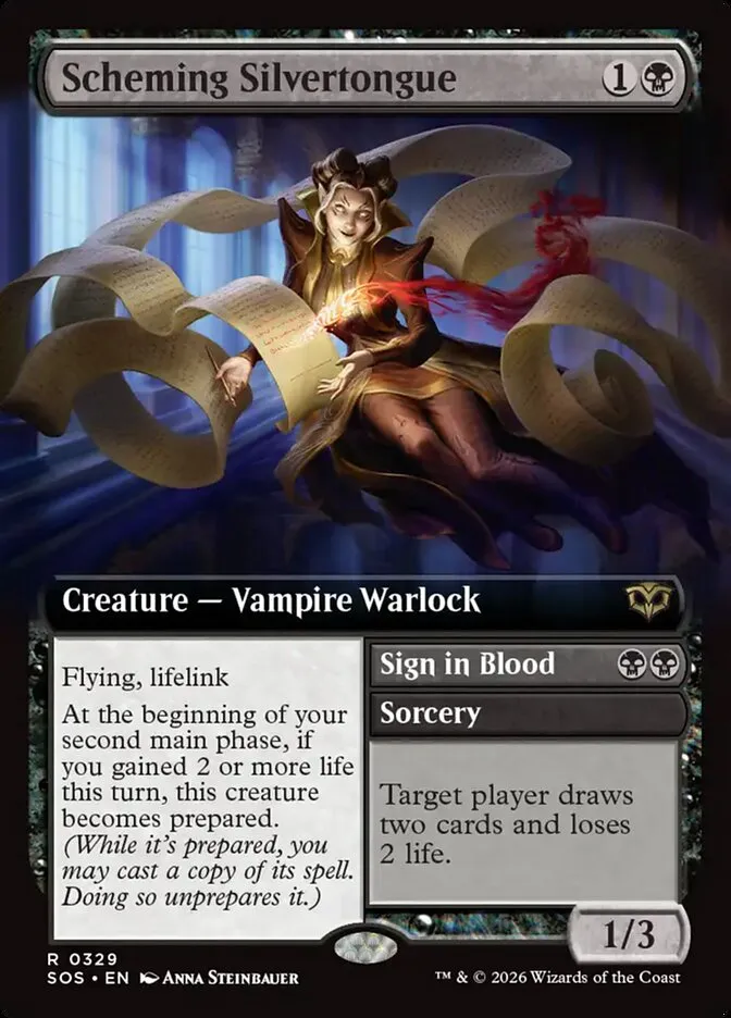 2026 Secrets of Strixhaven Scheming Silvertongue // Sign in Blood [Extended Art Foil] rare #329 rare card image