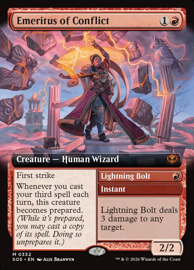 2026 Secrets of Strixhaven Emeritus of Conflict // Lightning Bolt [Extended Art Foil] mythic #332 mythic card image