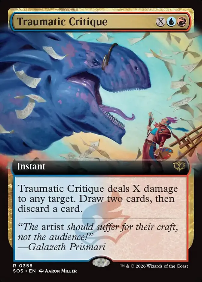 2026 Secrets of Strixhaven Traumatic Critique [Extended Art Foil] rare #358 rare card image