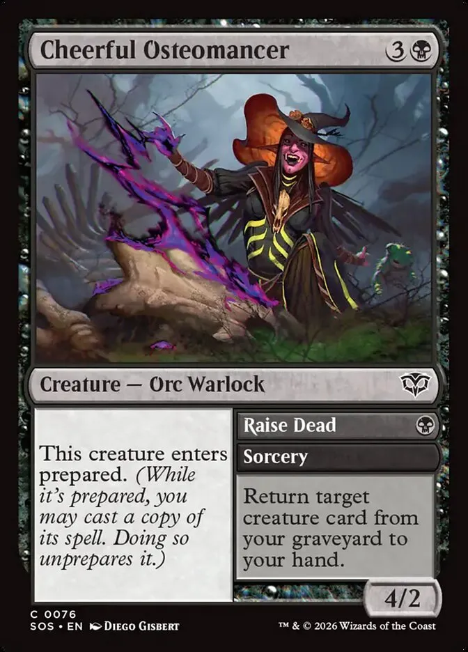 2026 Secrets of Strixhaven Cheerful Osteomancer // Raise Dead common #76 common card image