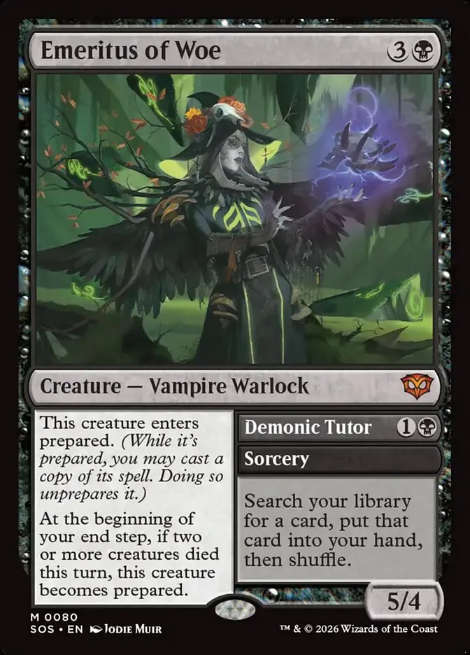 2026 Secrets of Strixhaven Emeritus of Woe // Demonic Tutor mythic #80 mythic card image
