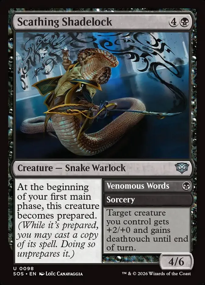 2026 Secrets of Strixhaven Scathing Shadelock // Venomous Words #98 uncommon card image