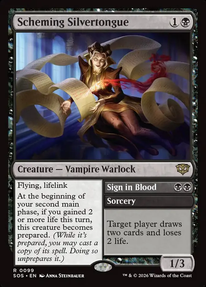 2026 Secrets of Strixhaven Scheming Silvertongue // Sign in Blood #99 rare card image