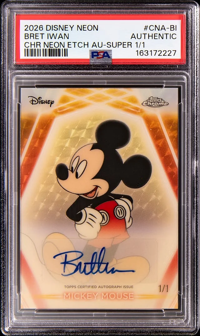 2026 Topps Bret Iwan as Mickey Mouse Disney Neon Chrome Neon Etch Autographs SuperFractor #CNA-BI card image